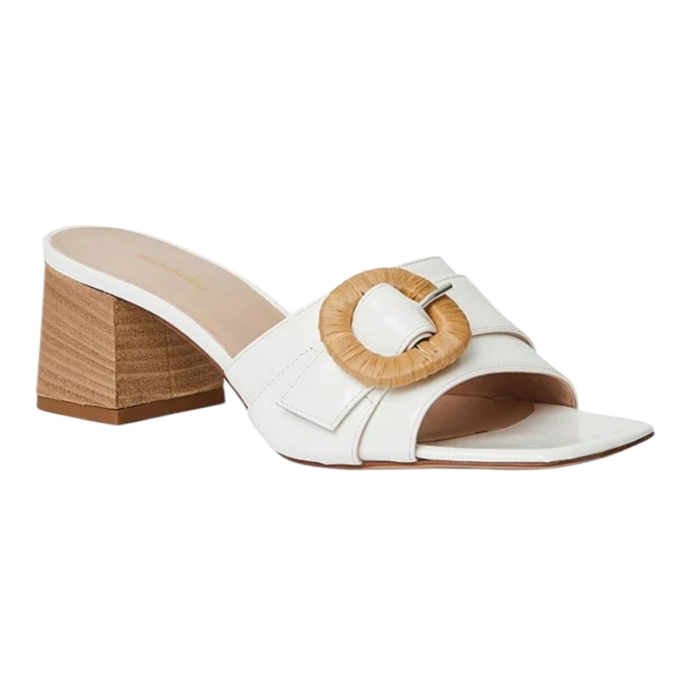 Bruno Magli Womens White Patent Leather Raffia Buckle Block Heel Slide Sandals‎